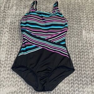 Gabar One Piece Swimsuit. Size 10D.  Striped Top W Solid Bottom.